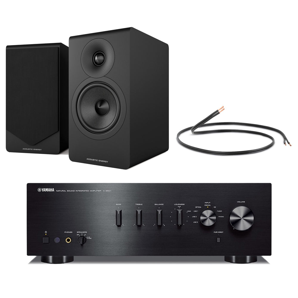Yamaha AS501 Integrated Stereo Amplifier with Acoustic Energy AE300 MK2 Bookshelf Speakers HiFi Package Black