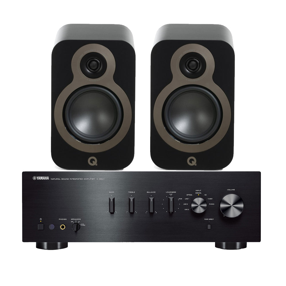 Yamaha AS501 Integrated Stereo Amplifier with Q Acoustics 3020C Bookshelf Speakers Pair Black HiFi Package