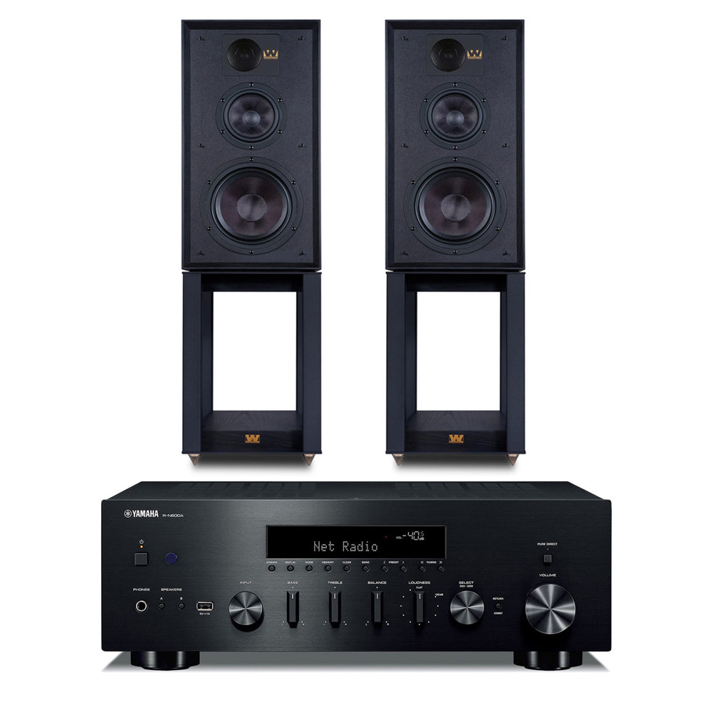 Yamaha R-N600A Network Receiver with Wharfedale Linton Heritage Standmount Speakers with Matching Stands - Black