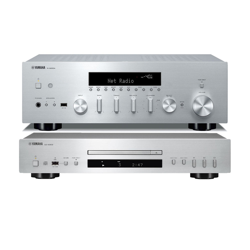 Yamaha R-N600A Network Stereo Receiver and CD-S303 CD Player Silver HiFi Package
